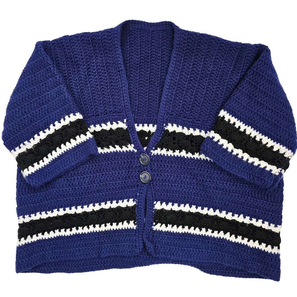 Grandma crocheted stripe cardy sweater preppy trad handmade oversized soft